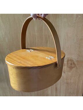 Vintage Wood Shaker Style Sewing Box Double Hinged Lid Bent Swing Handle 13 x 6